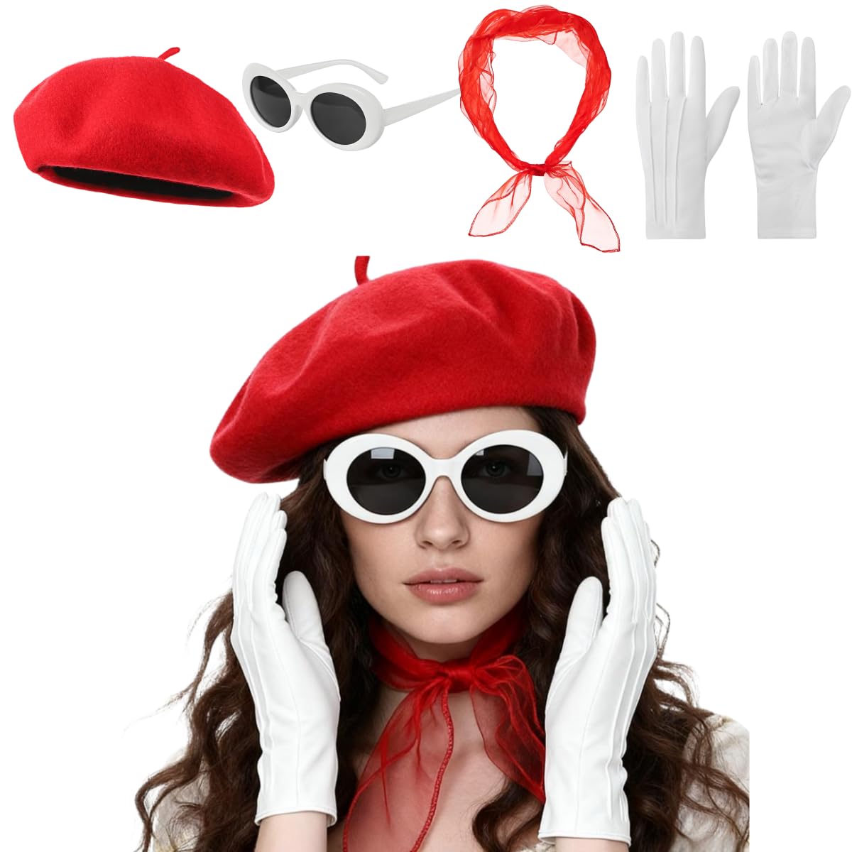 Qchomee 4Pcs Red Beret Scarf Sunglasses Gloves Set Women Fancy Dress Up Costume Kit Vintage 1940s 1950s Accessories Teens Girls Halloween Cosplay School Themed Parties