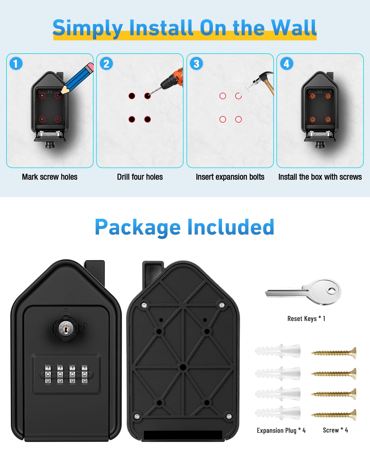 Boite a Clef, Grande Boite a Clefs Securisee Exterieur avec 4 Code & Clés d'urgence Boîte à Clés Murale en Alliage D'aluminium pour L'école de Garage à Domicile Airbnb (Noir)