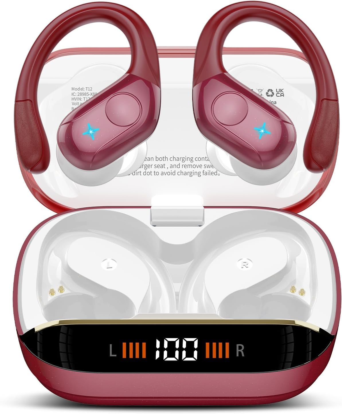 Qecnato Wireless Earbuds Bluetooth 5.4 Headphones 75H Stereo Deep Bass Sports Over Ear Buds with Earhooks, LED Display Bluetooth Earbuds with 4 ENC Mic, IP7 Waterproof Earphone for Running, Red