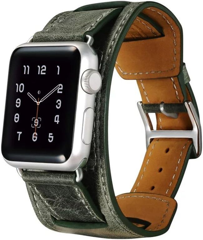 [Top Grade] Genuine Crazy-horse Leather Strap Cuff Bracelet [Four in One] Watch Bands for Apple iWatch 42MM (Dark Green)