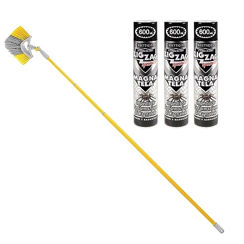 FERROELETTRA Scovolo Togli Ragnatele Allungabile Fino a 220cm + 3 Pezzi Insetticida Ragni Magnatela da 600ml - Spray Ragni e Ragnatele Pulizia Magna Tela