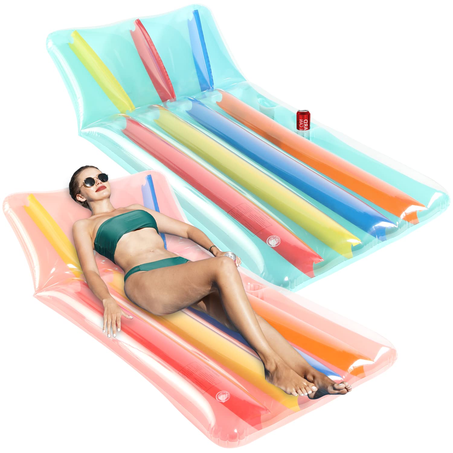 Parentswell Inflatable Pool Float Mat, [Set of 2] Inflatable Pool Floats with Headrest and Cup Holder, 66'' Oversized Pool Float Raft Swimming Pool Lounger for Adults