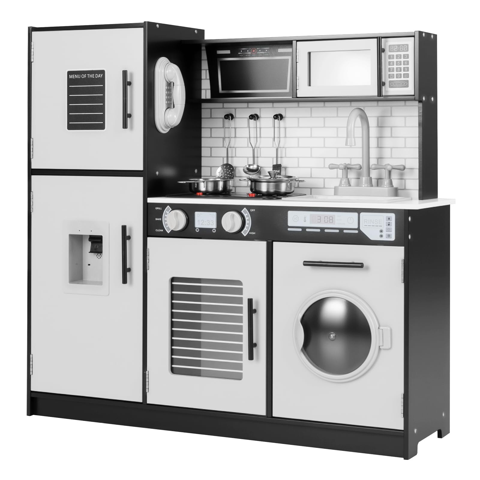 Costzon Corner Play Kitchen, Wooden Toddler Kitchen Playset W/ Lights And Sounds, Water Circulation System, Washing Machine,Accessories, Kids Kitchen Playset For Boys,Girls (Grey - View #2