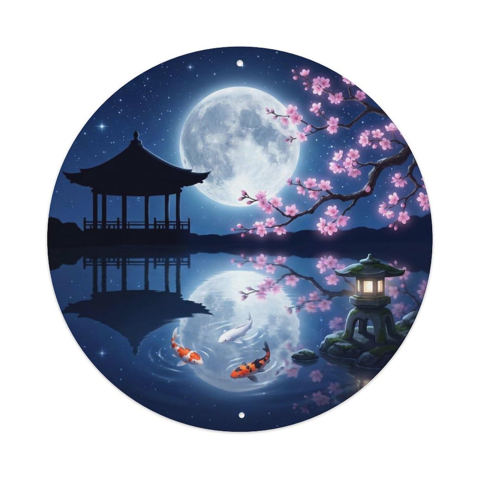 Moon Reflection Koi Pond Classic Japanese Metal Tin Sign Plaque Wall Decor for Cafe, Man Cave, Club Bar, Office, Home Garden Round Metal Poster 8x8Inch