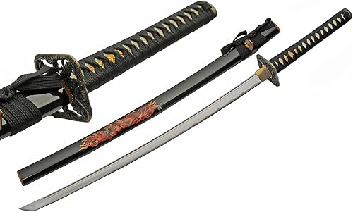 SZCO Supplies Espada katana de acero al carbono de dragón de fuego de 39 pulgadas con vaina impresa ABS, color rojo