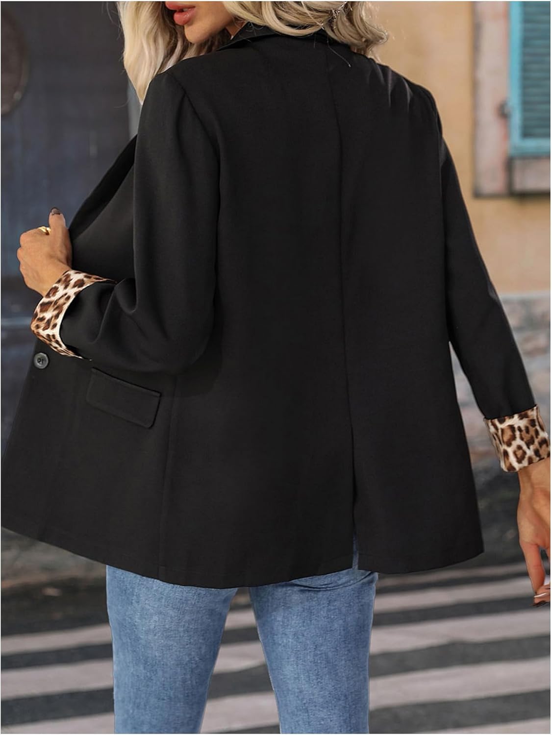 Floerns Women's Contrast Leopard Blazer Lapel Button Down Long Sleeve Office Blazer Jacket