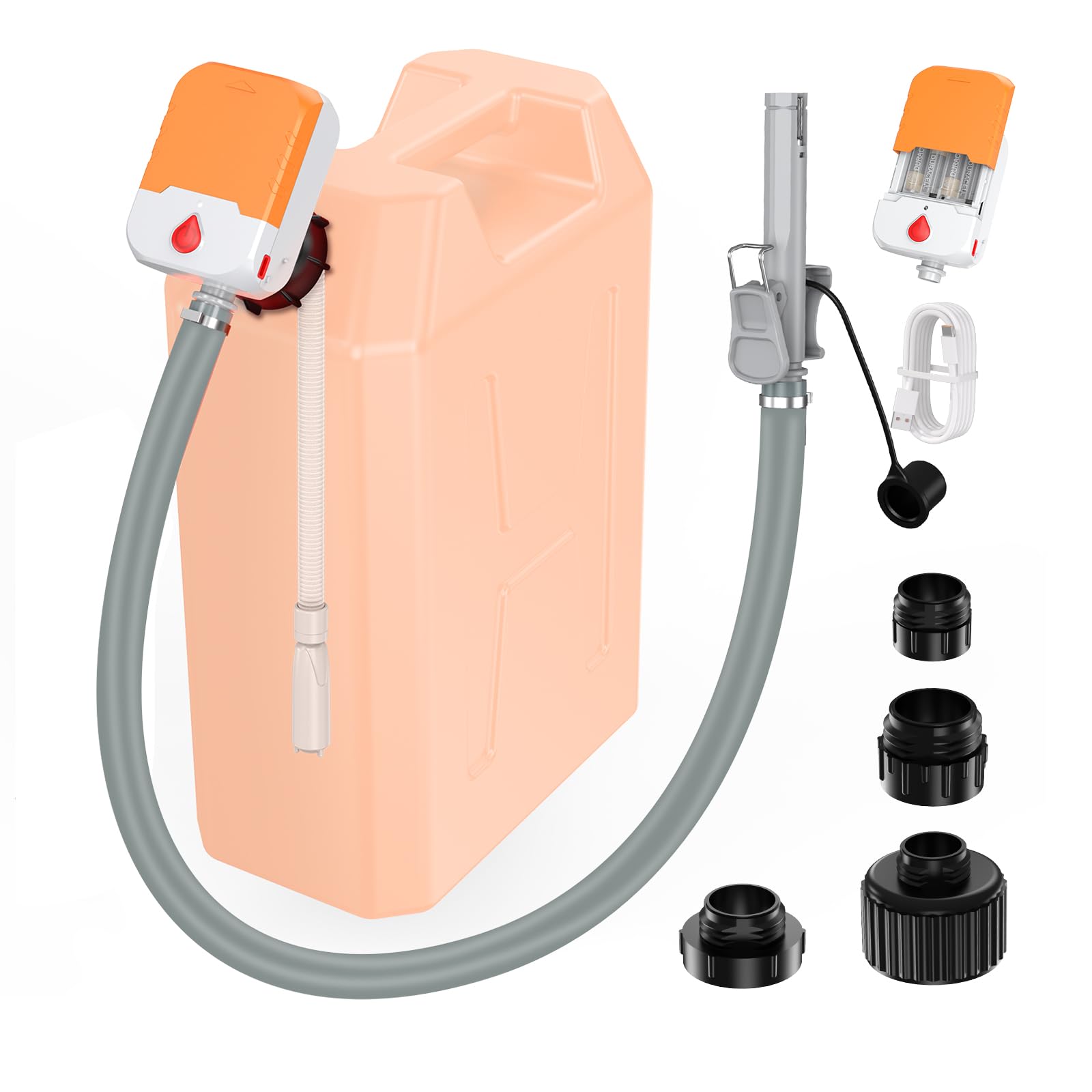 Fuel Transfer Pump with Auto-Stop,3.8 GPM Flow, 51'' Heavy Duty PVC Hose, Battery or USB Powered Gas Can Pump with 4 Can Adapters, No Spill Sensor, Portable Fuel Pump for Oil, Diesel, Gasoline