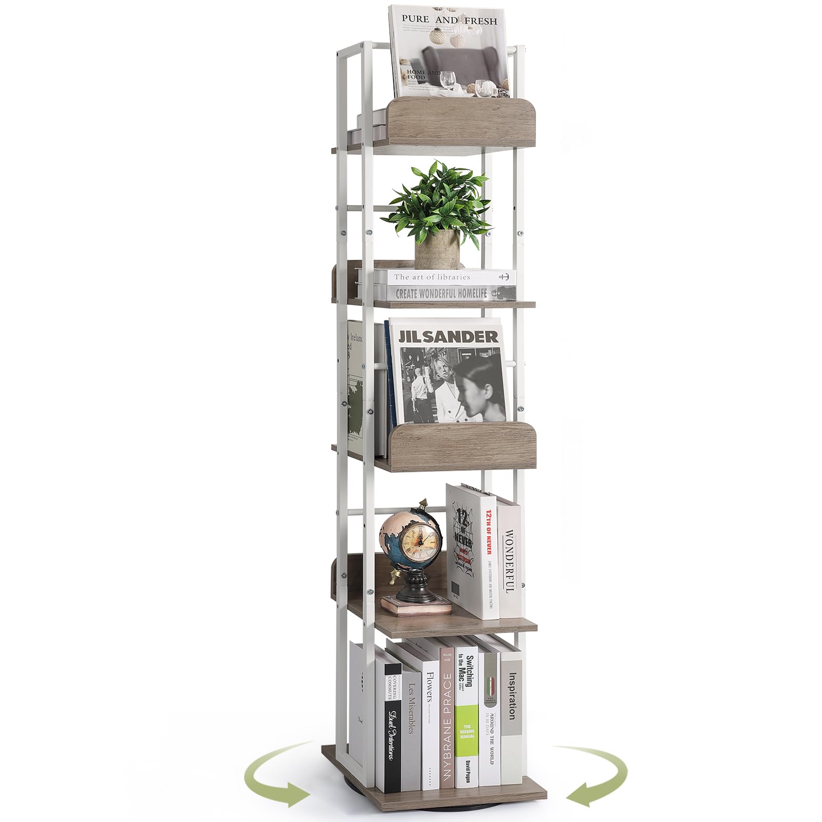 Bikoney Estantería Giratoria de 5 Niveles, Librería de Esquina en Torre, Estantería Alta y Estrecha de Estilo Industrial, Mueble de Metal para Salón, Oficina y Espacios Reducidos (Blanco y Gris)