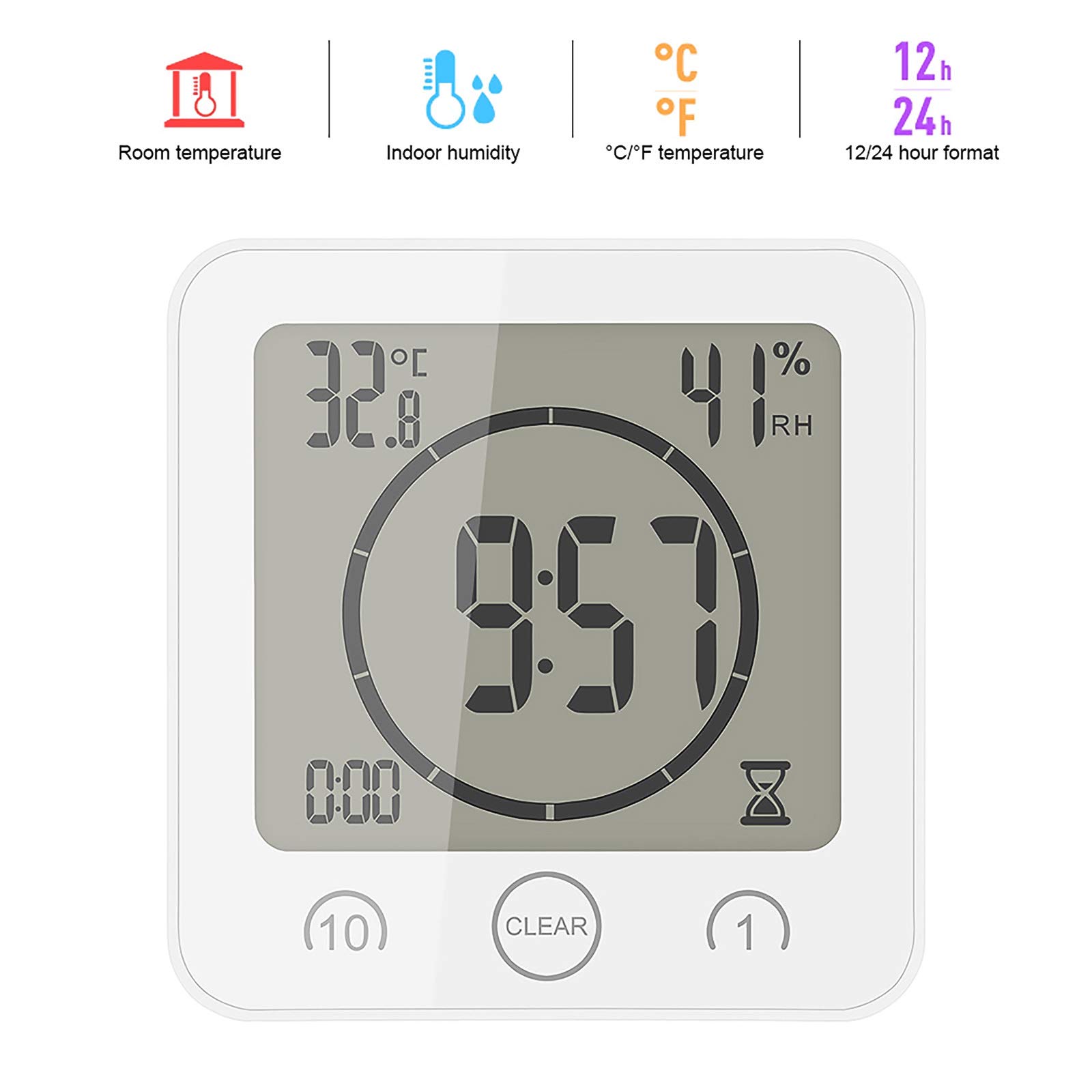 Reloj de Baño, LCD Reloj de Ducha Digital Alarma Impermeable Control Temperatura Humedad, Temporizador de Cuenta Regresiva, 3 Métodos de Montaje, Energía de la Batería