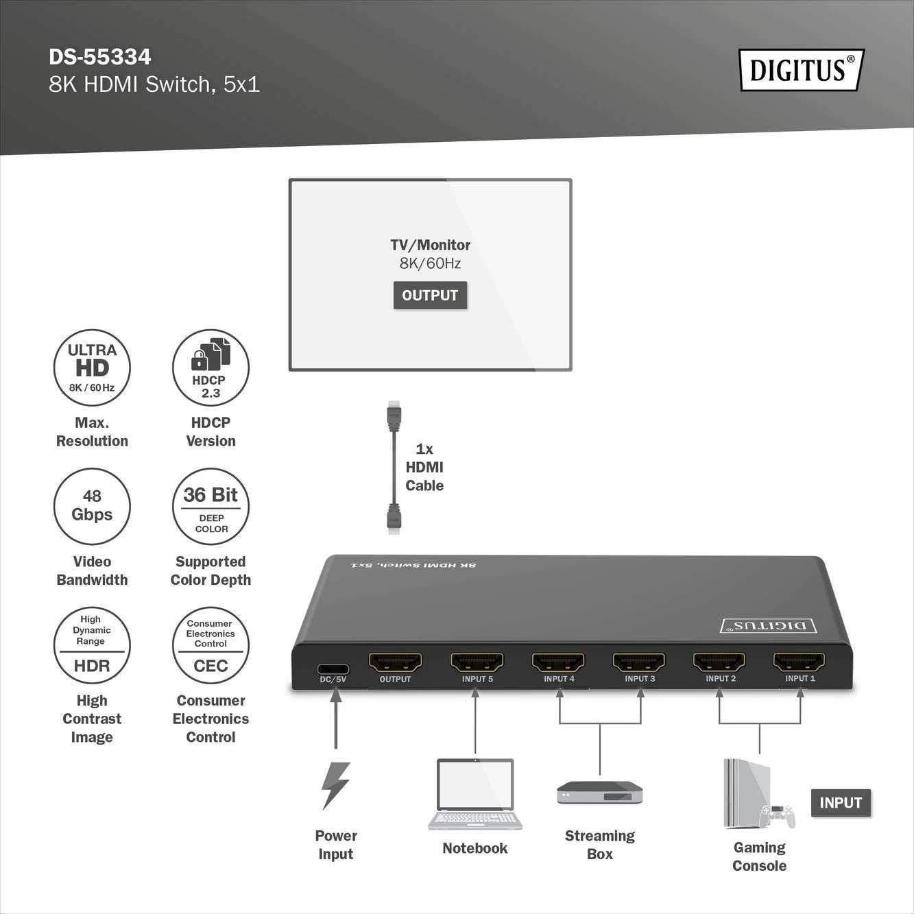 DIGITUS DS-55334 Commutateur HDMI 5x1-5 In 1 Out - UHD 8K/60 Hz HDTV : 7680 × 4320p - HDCP 2.3 & HDMI 2.1 - HDR, CEC, Deep Color, DTS, Dolby Digital, LPCM