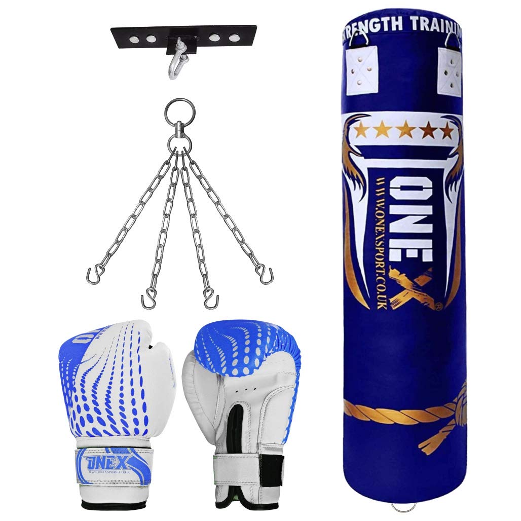 Boxing Bag New Filled Training bags Punch Bag and Glove SPORTS 5ft Filled Punch Bag Great for Boxing, Kickboxing, MMA, Home Gym Training (9pcs 5ft Blue)