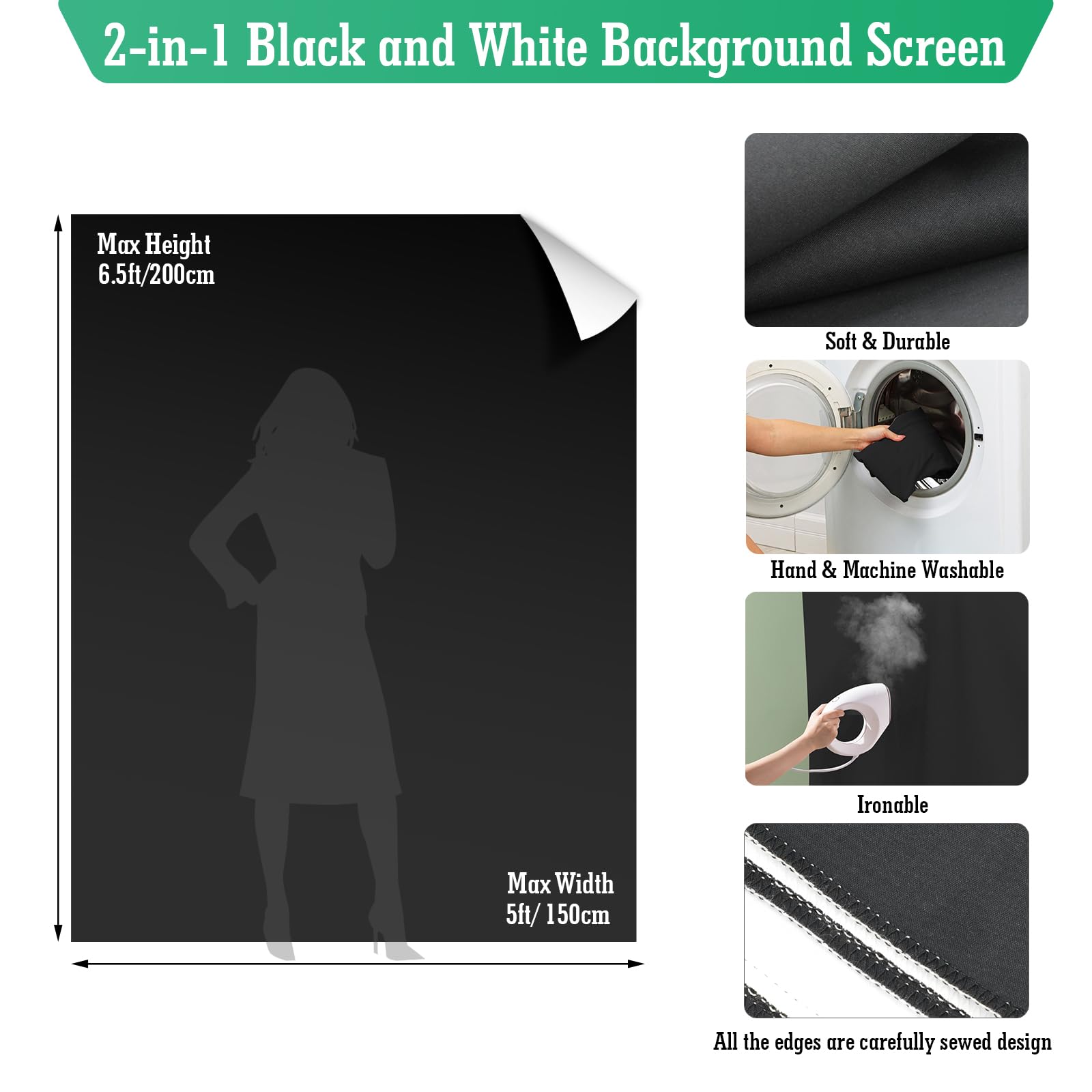 Noir et Blanc 2-en-1 Portable Screen Chaises, Fond Pliable 57 in avec Support,Fond Noir et BlancPliable Double Face, clé Chrome pour la Photographie, Le Streaming, Les Jeux, Les appels vidéo