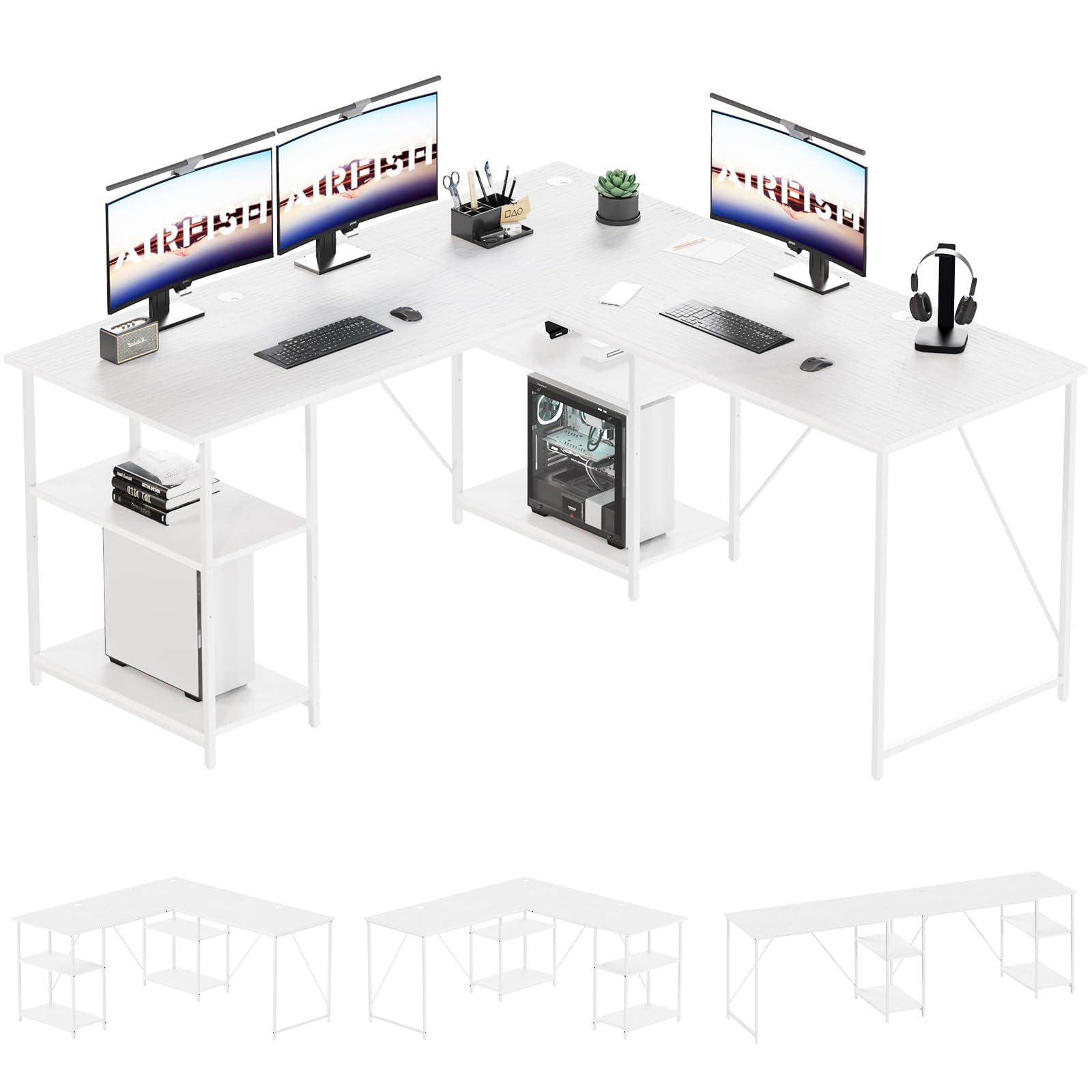 Airfish 240cm Escritorio de Esquina Reversible en Forma de L con Estantes de Almacenaje Carga 90kg para Oficina Hogar Estudio (150+150) x 60 x 75cm Blanco