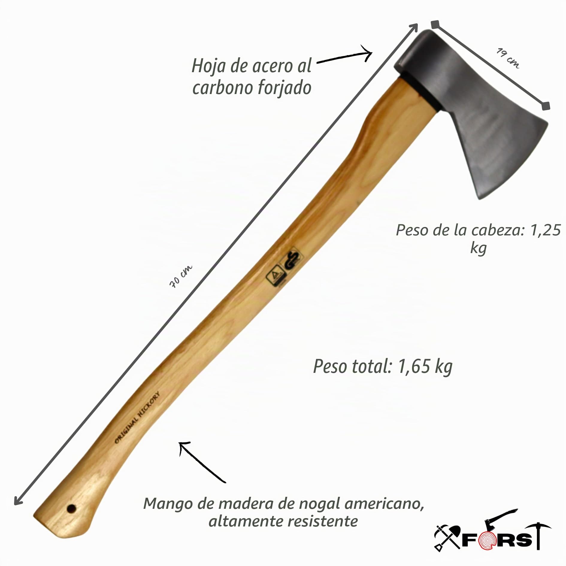 Hacha Vizcaína Hacha Forestal Xforst UW12, con Mango de Nogal de 70 cm y Hoja de Acero al Carbono Pulido de 1,25 kg. Peso Total 1,5 kg.