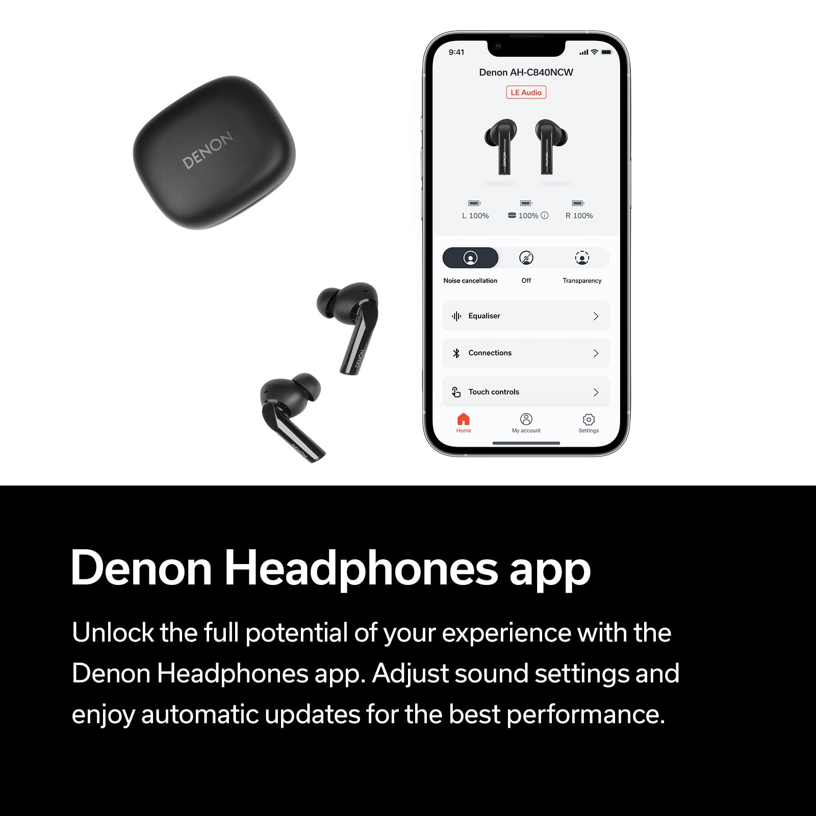 Denon AH-C840NCW True Wireless Bluetooth In-Ear-Kopfhörer mit aktiver Geräuschunterdrückung, wasserresistente Ohrhörer mit kristallklarer Anrufqualität – Schwarz