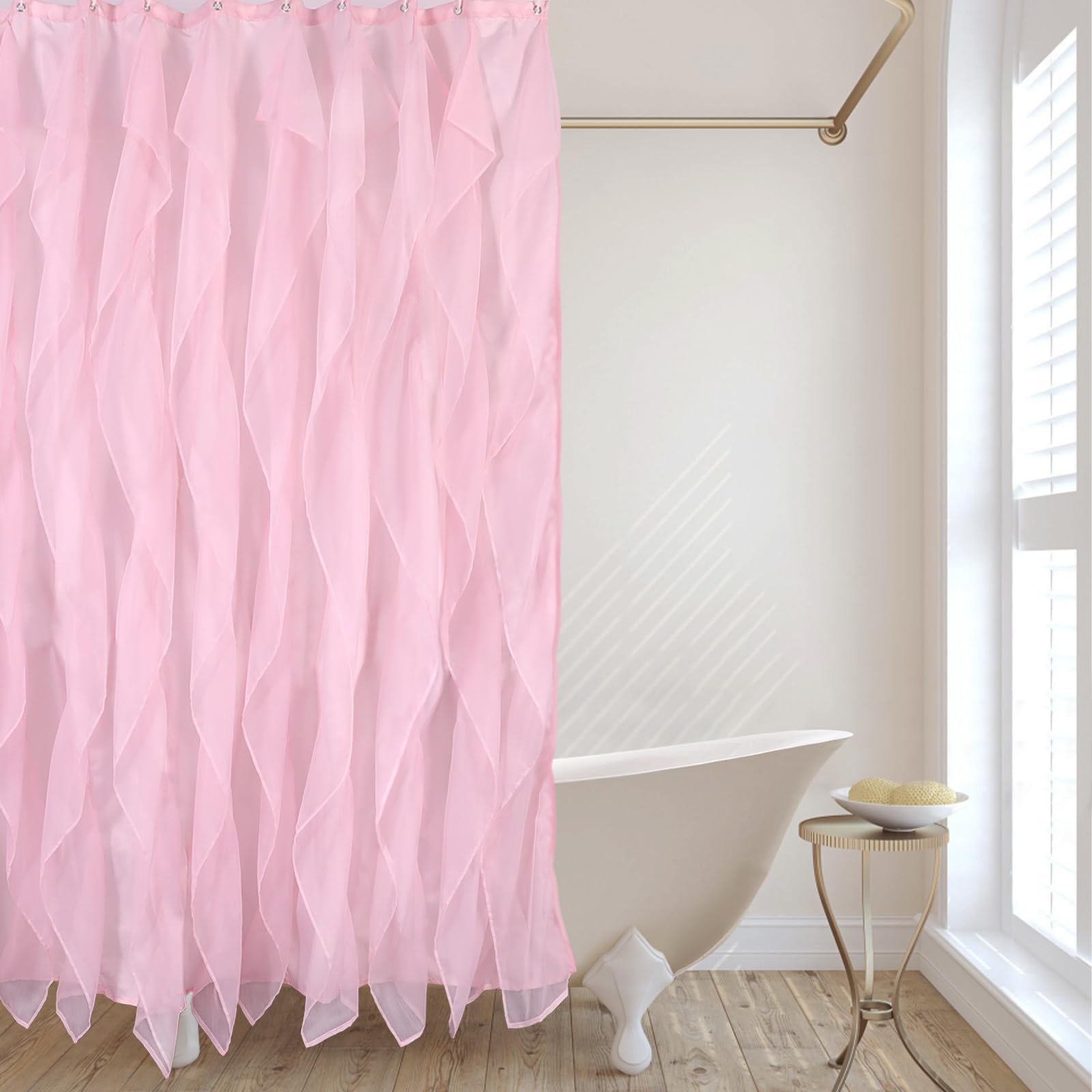 REISEN Pink Ruffle Shower Curtains for Bathroom Farmhouse Sheer Shower Curtain, 72 x 72 Inches