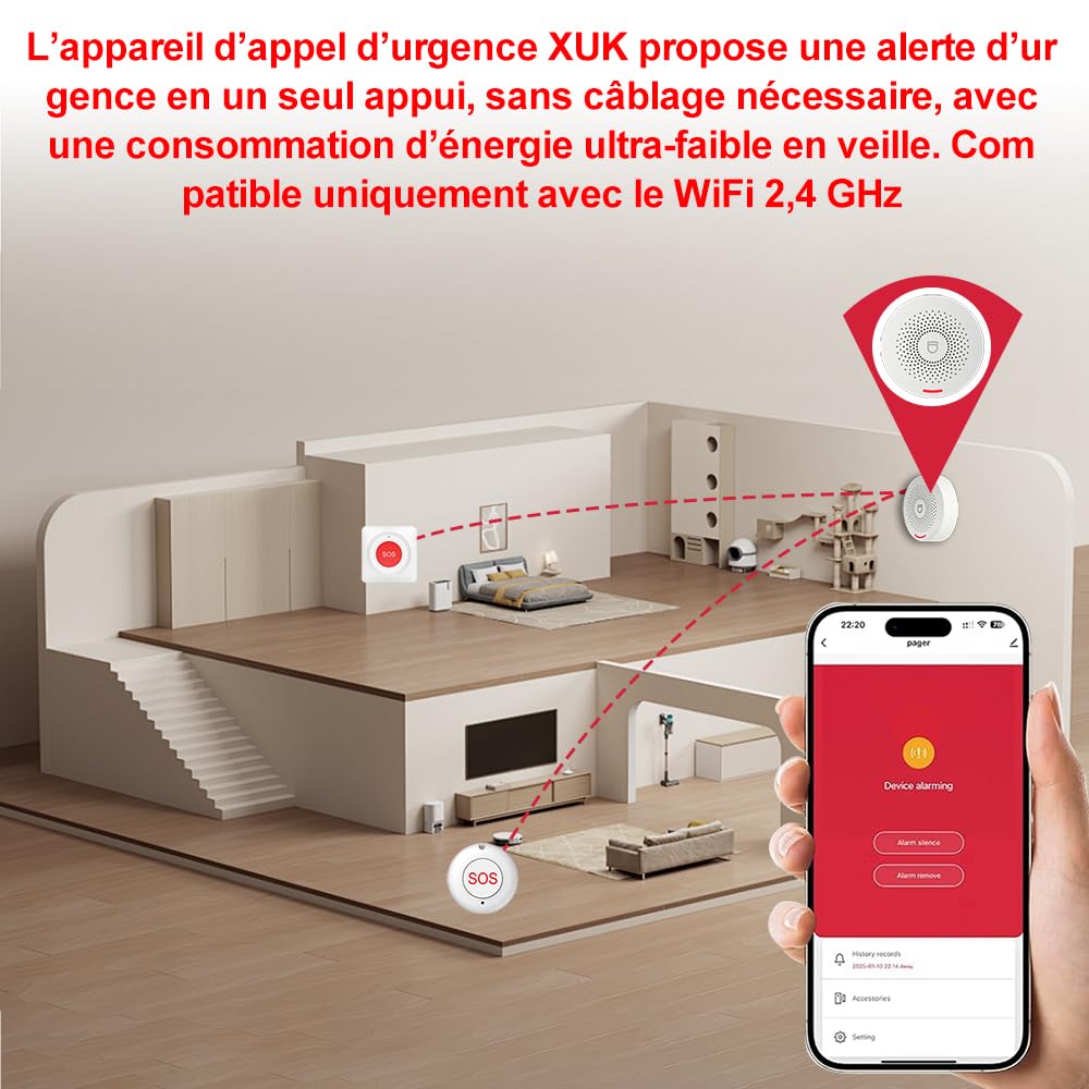 XUK Bracelet Alarme Personne Agee WiFi, Système d'Alerte Intelligent Compatible Tuya, Smart Life et Alexa – Bouton d’Urgence Étanche sans Fil 200 m avec Récepteur, Volume Réglable (Pack de 4 produits)