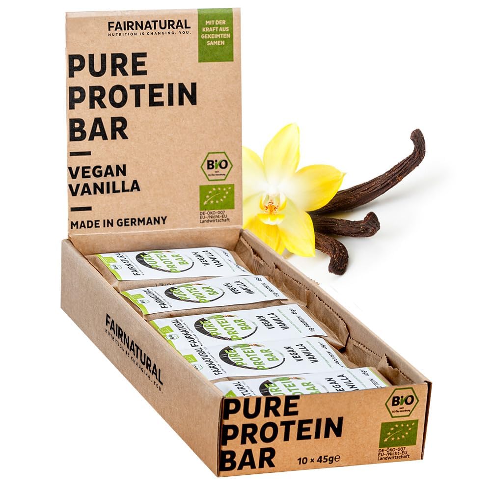 FAIRNATURAL® Protein Riegel Vegan Vanille [10x45G] - Vegane Whey Proteinriegel ohne Soja & zugesetztem Zucker - Eiweißriegel Herstellung in DE - Pflanzliche Energieriegel - Protein Bar - Snack Riegel