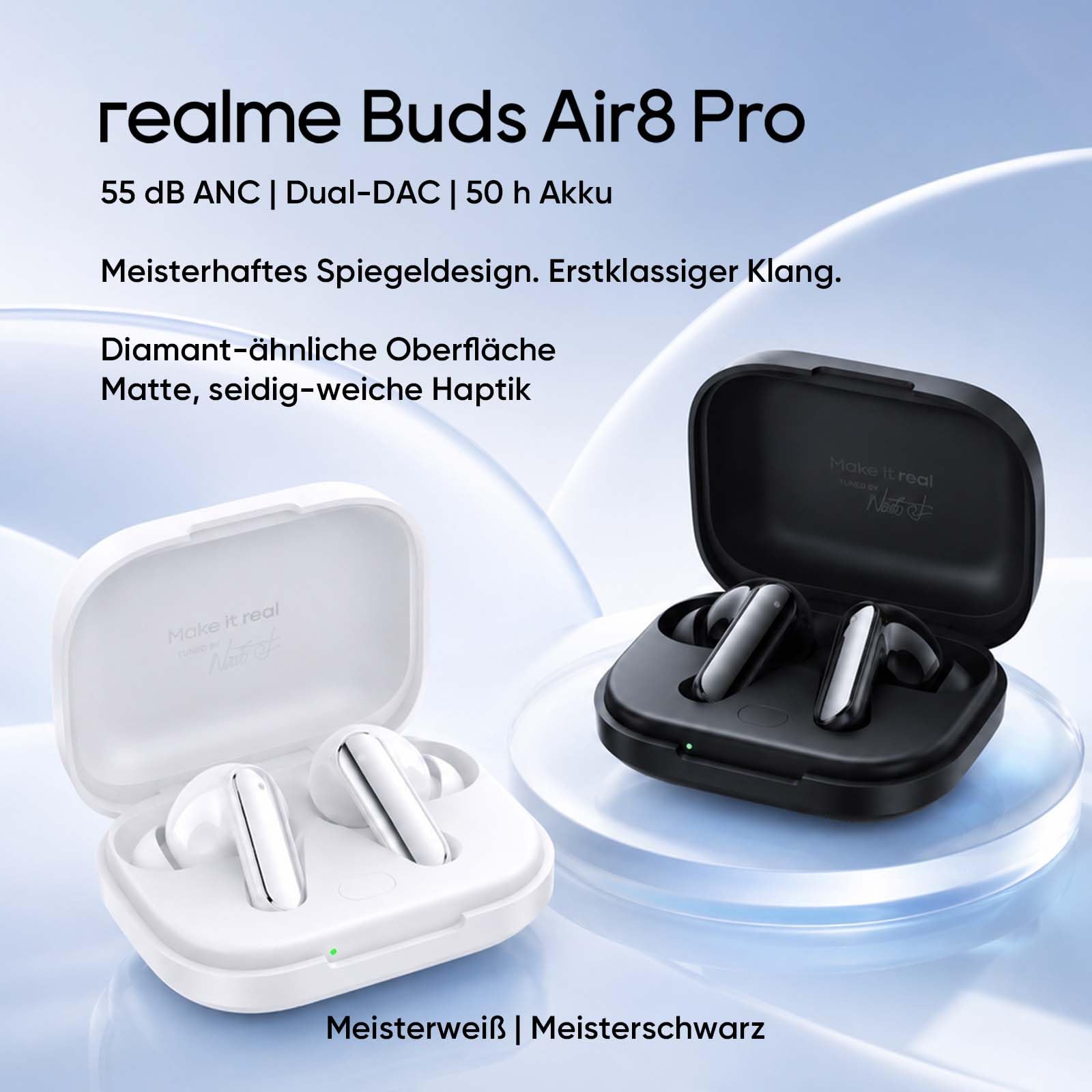 realme Buds Air 8 Pro Bluetooth Kopfhörer, Kopfhörer Kabellos Bluetooth mit 55dB Noise Cancelling, 11mm+6mm Dual DAC Treiber, 50H & LHDC, Hi-Res Audio, Bluetooth 6.1, KI-Anrufreduzierung, IP55, Weiß