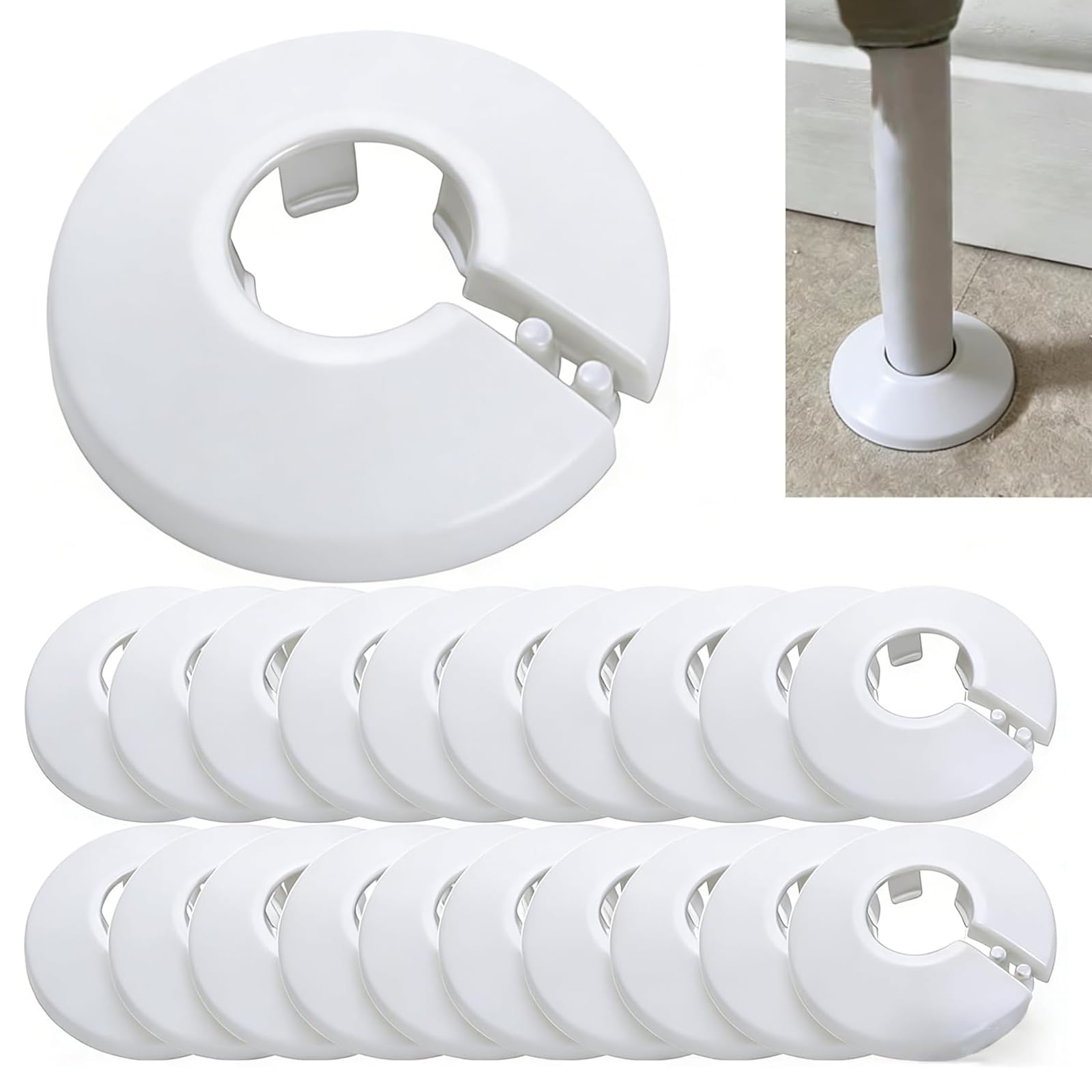 20pcs Snap-On Pipe Covers for 16mm Pipes, Flexible PP Pipe Collars, Decorative Pipe Rosettes & Escutcheon Plates for Radiator, Heating, Water Pipes, Bathroom Kitchen, White