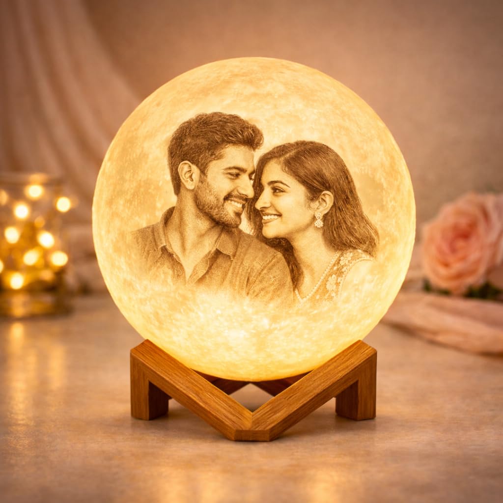 HNA GIFTING 20cm Customized Moon Lamp with Wooden Stand - Personalized Home Decor for Living Room, Unique Gift Items for Women, Ideal for Him, Her, Boyfriend, Girlfriend, Valentine's Day, led