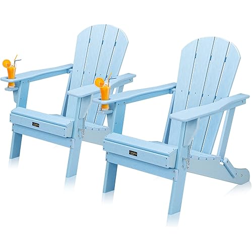 VINGLI Plastic Adirondack Chairs Set of 2, Folding with Cup Holder, Waterproof HDPE Material, Comfortable 380lb Weight Capacity for Outdoor Pool Patio Lounge Chair Lawn Furniture Firepit (Blue)