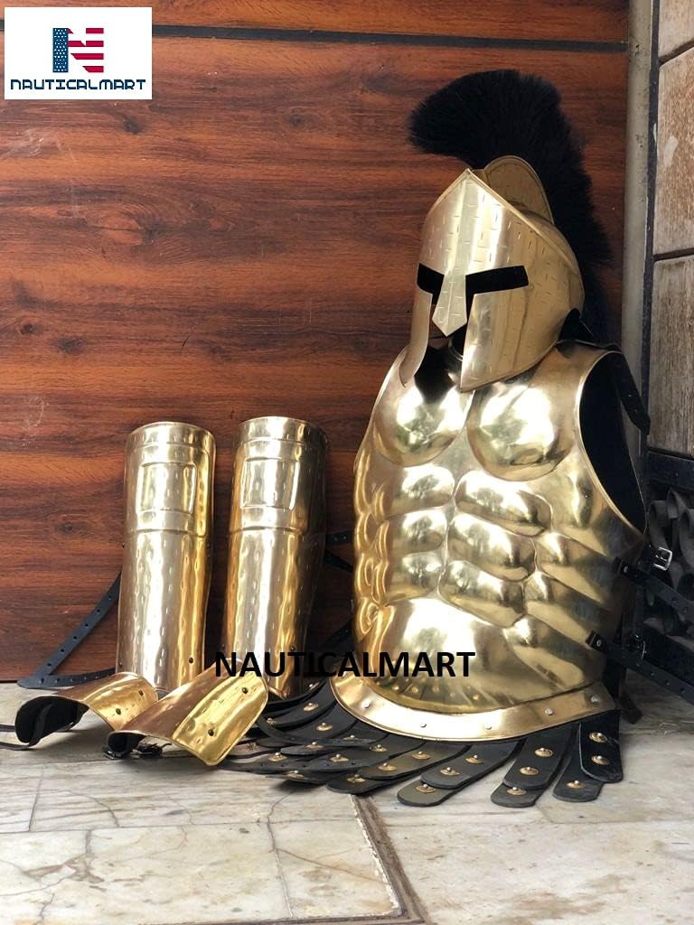 King Leonidas 300 Spartan Brass Helmet W/Black Plume Medieval Muscle Armor Jacket Leg Or Arm Guard - Brass Antique