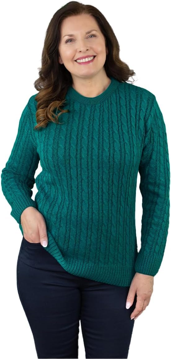 Fashion Friendly Women's Green ' Round Neck Cable Jumper - Jade Extra Large