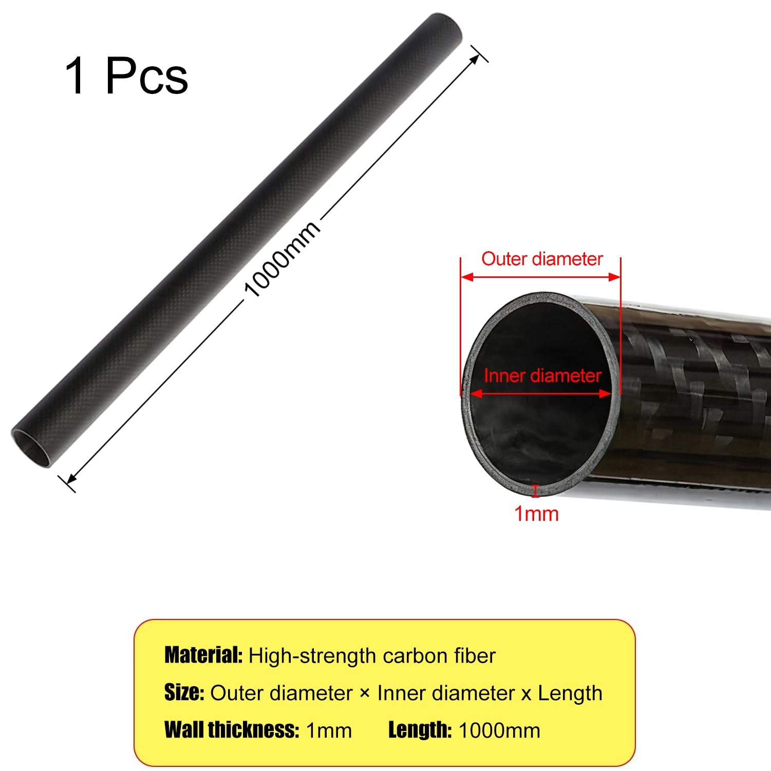 Tubo de fibra de carbono, tubo rígido ligero para modelos aeroespaciales y drones, 1000 mm de largo, varios diámetros disponibles, construcción duradera para un mejor rendimiento