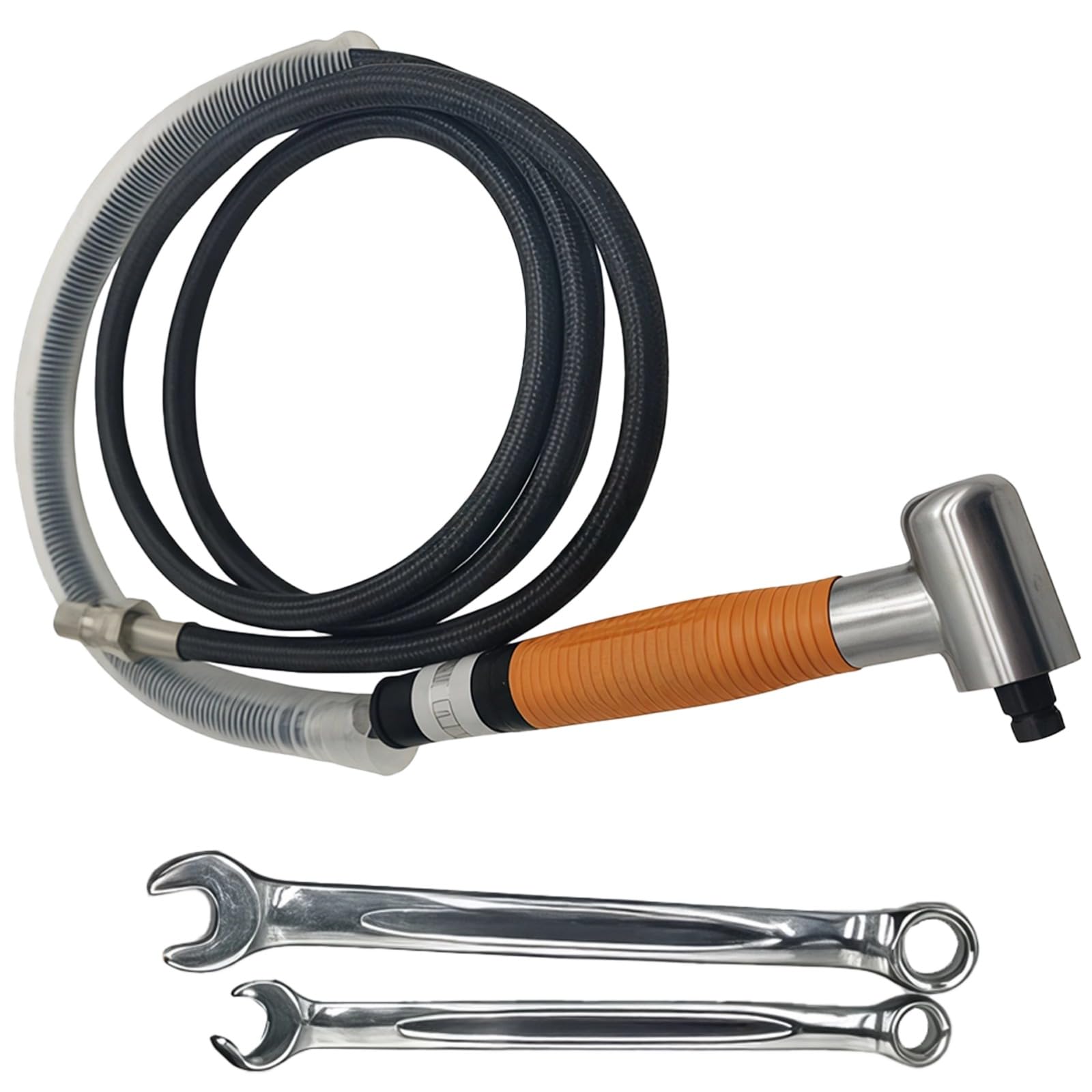 Amoladora angular neumática con accesorio de 90°, amoladora de 25.000 RPM para pulir, grabar y moler, compacta y ligera, mango de goma naranja, incluye 2 llaves, pinza de 3 mm