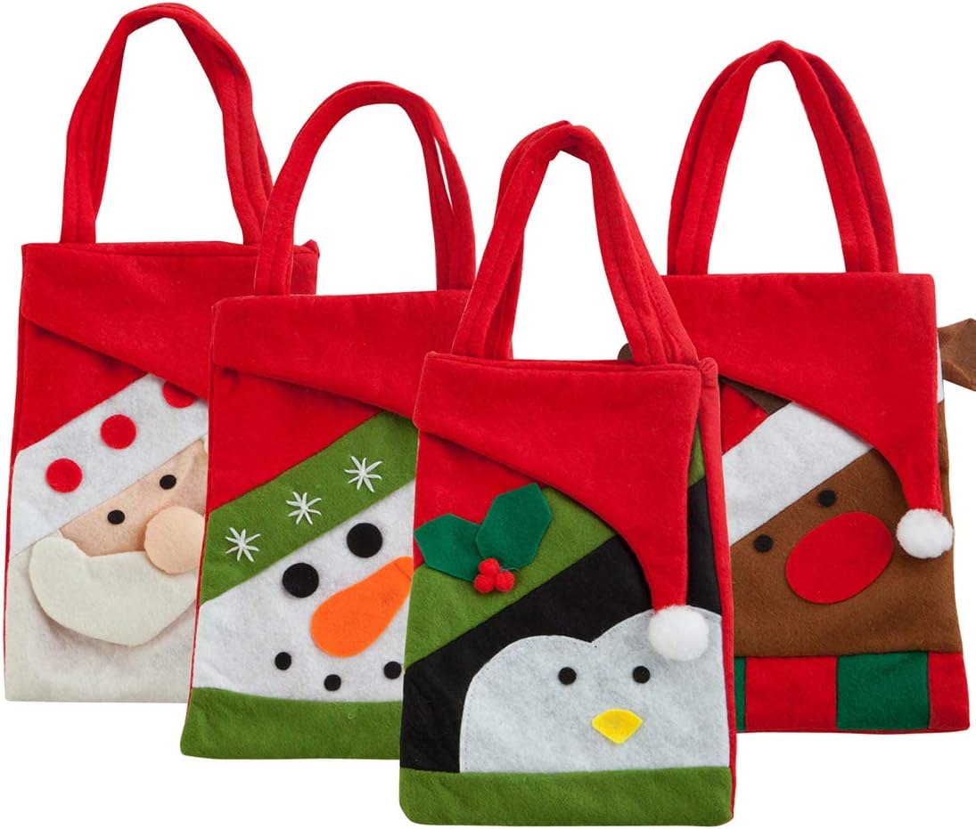 4Pcs Christmas Candy Gift Bags, Christmas Candy Treat Bags Santa Tote Handbag with Handle Portable Candy Baskets Gift Wrap for Christmas Xmas Ornaments Wedding Party Decoration