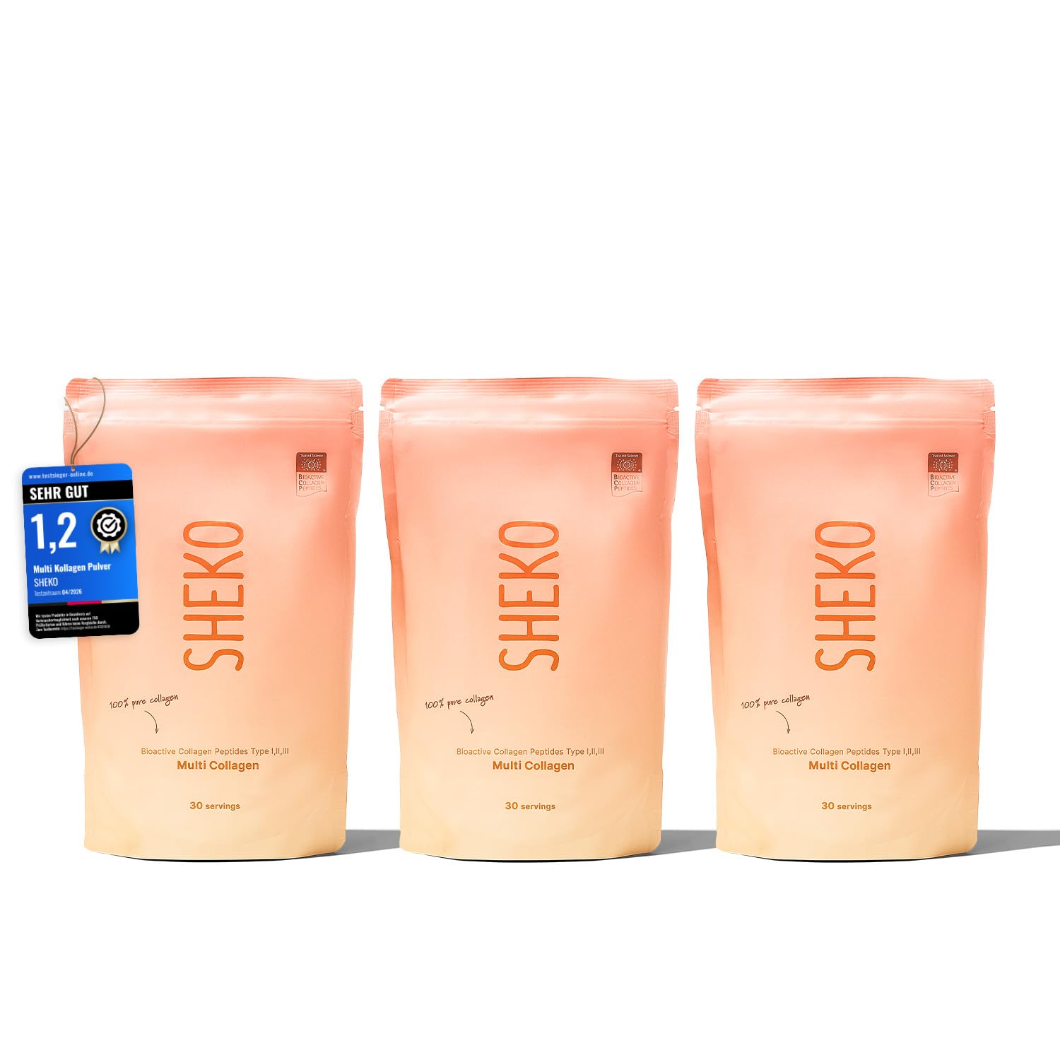 SHEKO Premium Kollagen Pulver 3x 450g - Natürliches Bioaktives Kollagen Hydrolysat - Peptide Typ 1, 2, 3 - Collagen Pulver - Reinste Qualität - Optimale Löslichkeit - Proteinpulver - Made in Germany