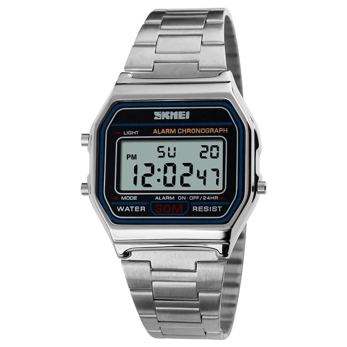 Mens Boys Classic Clear Digital Watch Retro Alarm Metal Strap Date Stopwatch