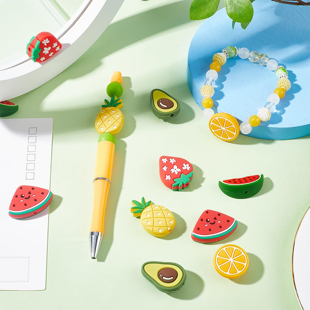 Decoendiy 10 perline in silicone a forma di avocado, graziose perline a forma di frutta in stile cartone animato, perline colorate con foro grande, perline distanziali sfuse in silicone per la