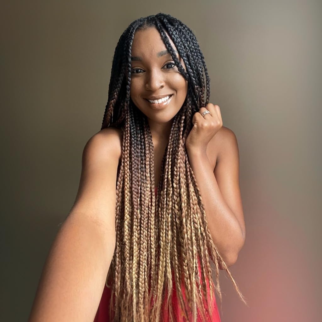 Ombre Box Braids Crochet Hair 24 Inch 3 Packs Medium Size Synthetic Pre-Looped Crotchet Braids Tone Hair Extension for Black Women (24 Inch,
