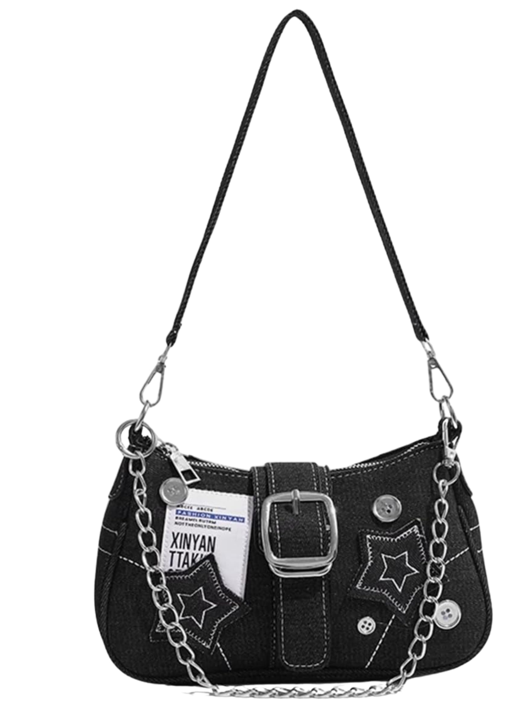 ITALISH Denim Sling Bag Purse for Women | Stylish with Star Patches, Silver Chain Strap, 22x14x6 cm, Casual Hand Bag for Girls for Daily Use