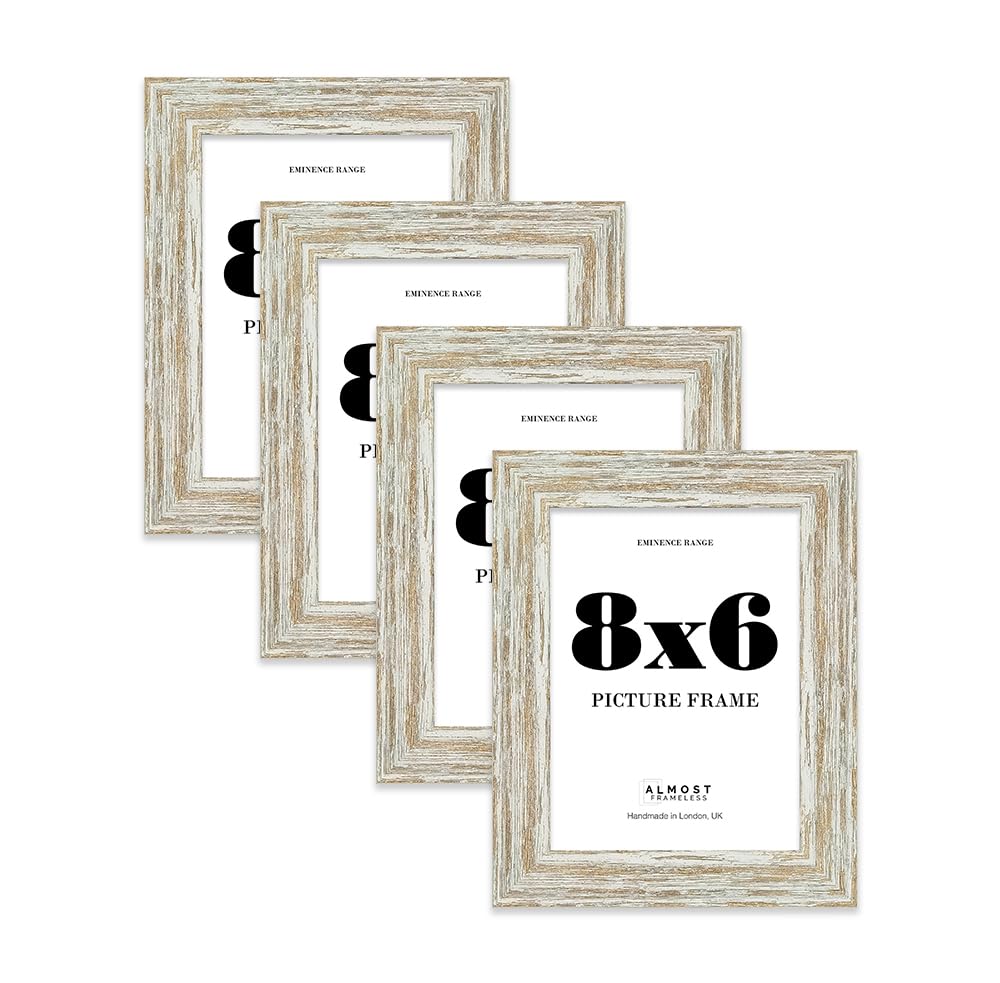 8x6" Distressed White Oak Picture Frame - Rustic Wood Industrial Effect Photo Frame for Wall Display, Ideal for Posters, Prints & Home Décor, Wall Hooks and Kickstand, 32mm Edge - 4 Pack