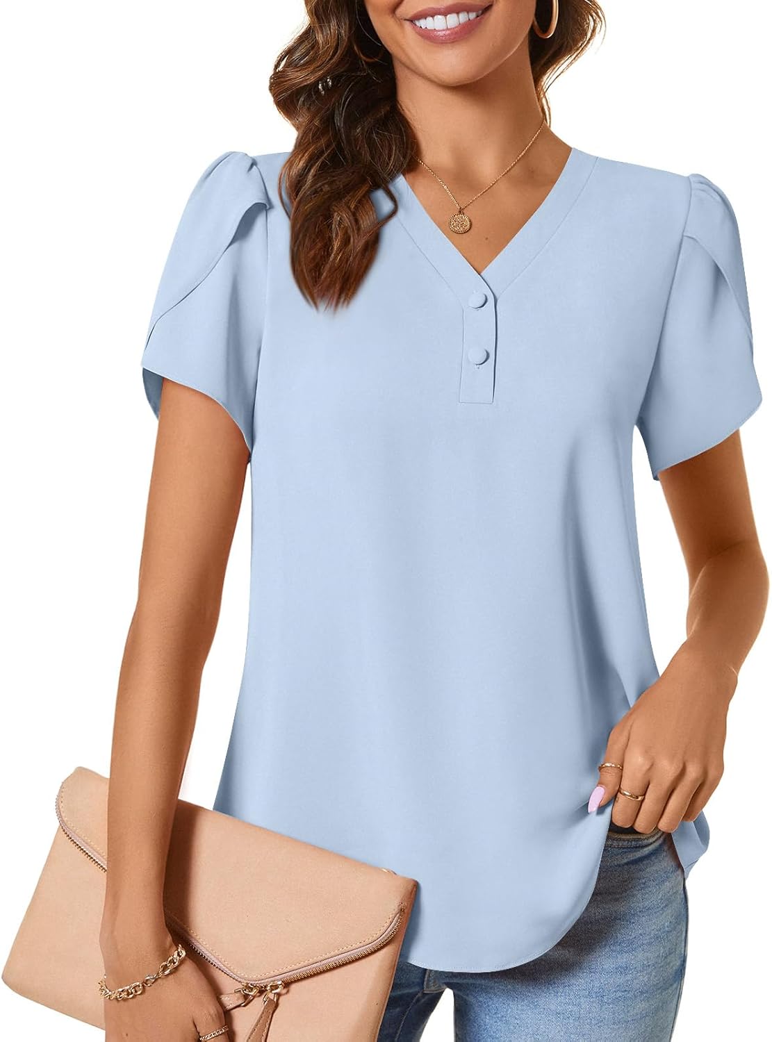 CATHY Womens Casual Summer Tops Dressy Petal Short Sleeve Chiffon Shirts Button Up V-Neck Tunic Blouses CATHY Womens Casual Summer Tops Dressy Petal Short Sleeve Chiffon Shirts Button Up V-Neck Tunic Blouses