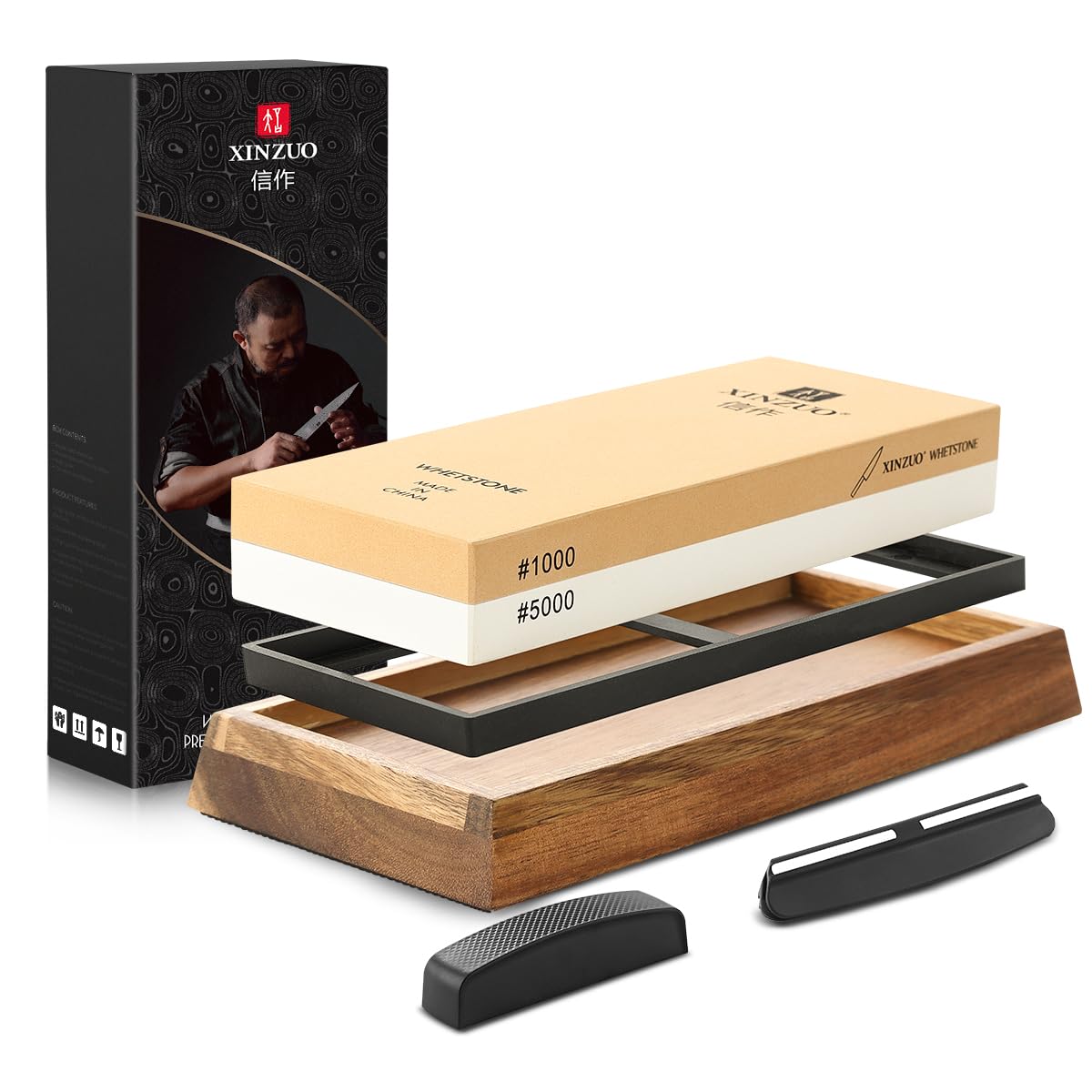 XINZUO Pierre à Aiguiser Grain Double Face 1000/5000, Aiguiseur de Couteau à Affûter Professionnel 2-en-1-Face avec Base en Silicone Antidérapant et Guide d'Angle et Pierre à Aplatir, 5 Pièces