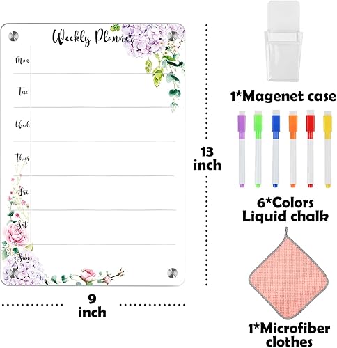 Miniatura 3 de Pizarra magnética acrílica de borrado en seco para nevera, planificador semanal y bloc de notas transparentes para refrigerador de 9 x 13 pulgadas,