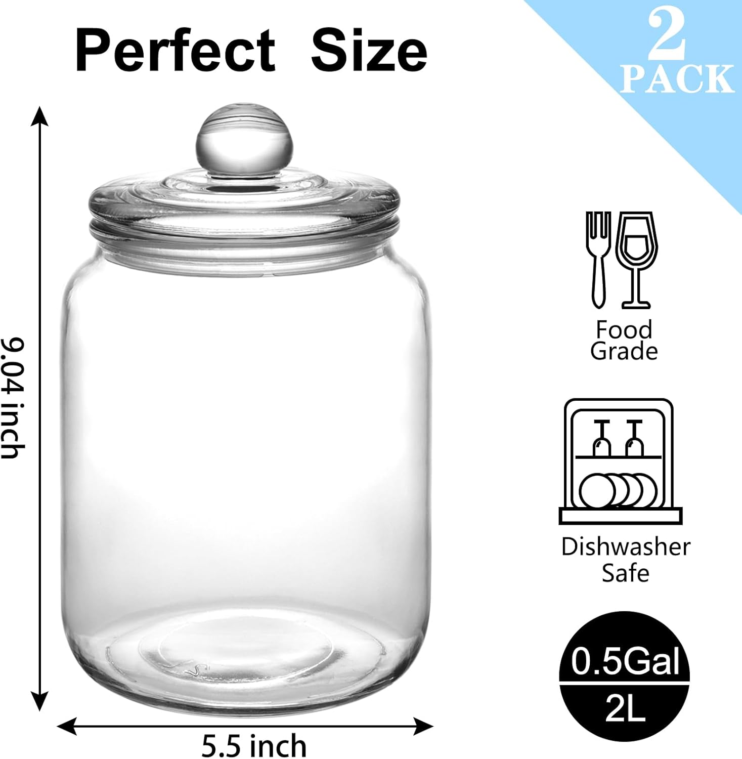 2 Pack Half Gallon Glass Jars with Lids, Large Glass Cookie Jars, 1/2 Gallon Apothecary Canisters for Kitchen, Pantry, Laundry Room - Image 2