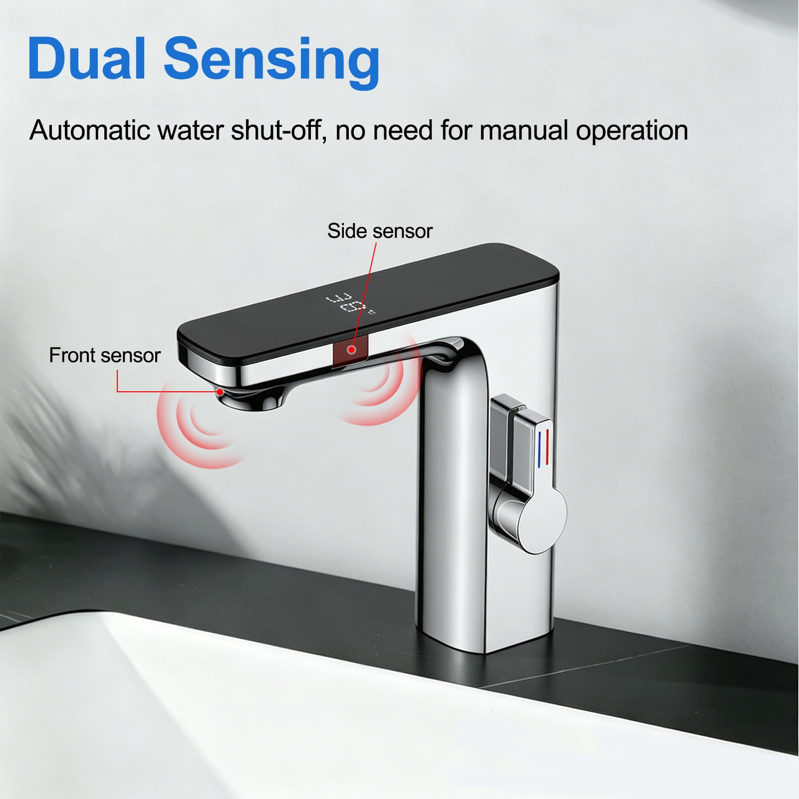 Grifo automático con sensor infrarrojo y pantalla de temperatura, lavabo con sensor inteligente, mezclador de agua fría y caliente, sin contacto (cromo)