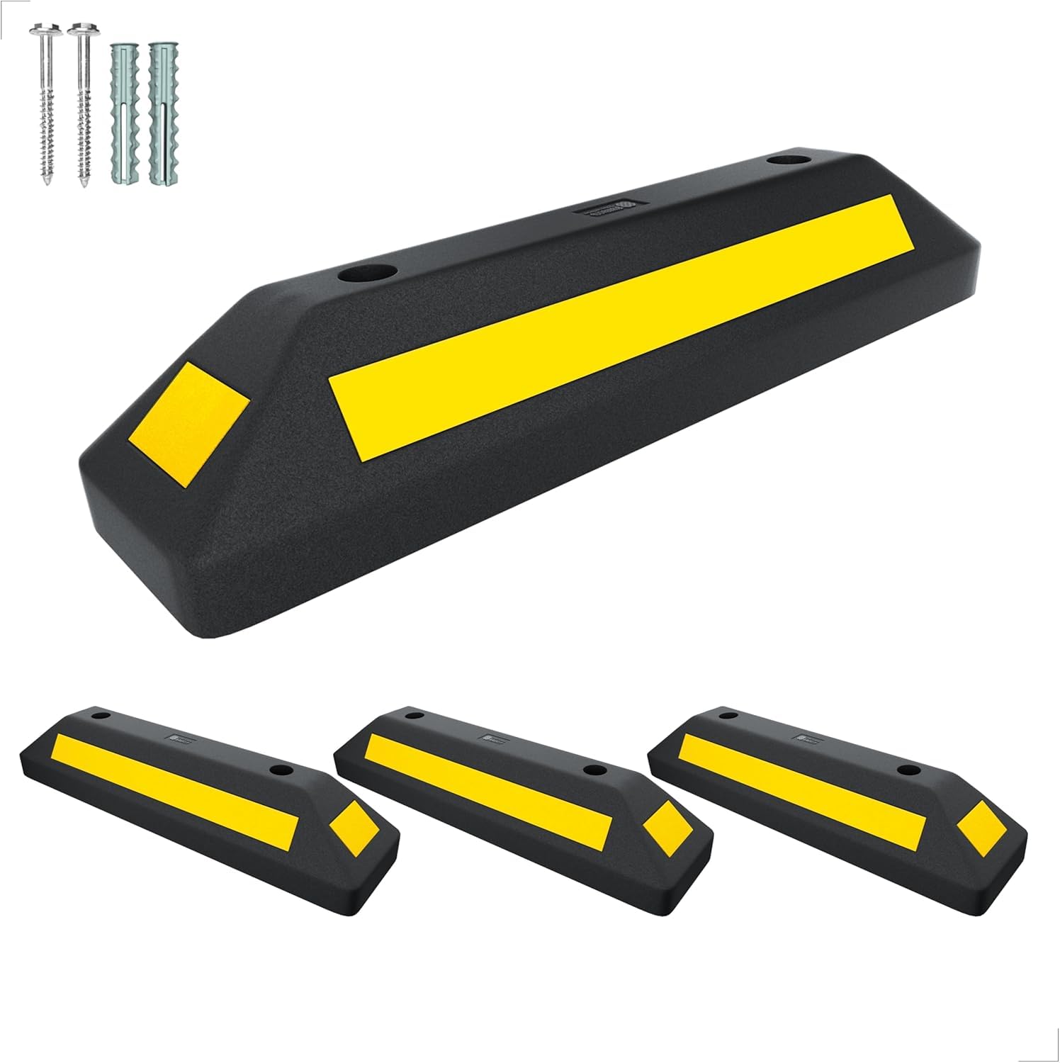 Berry Wheel Stopper 57CM - Heavy Duty Rubber Parking Blocks with Yellow Reflective Stripes | Durable PVC Car Wheel Stops for Garage, Driveway & Parking Lot Safety (4 Pcs)