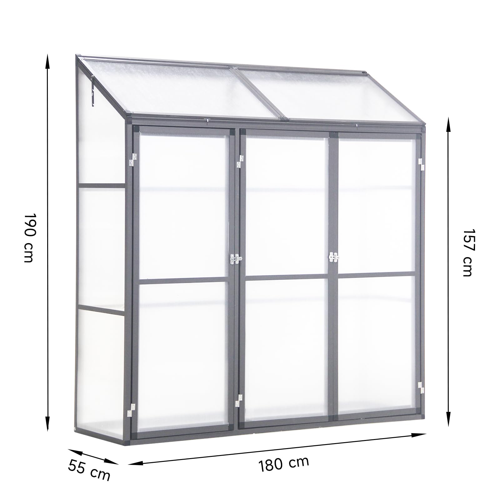 Anlehngewächshaus Tomaten Gewächshaus 180x55x190cm Aluminium - Beistell-Gewächshaus mit Rückwand, Winterfest Kleines Gewächshaus für Balkon & Garten, Frühbeet Treibhaus (Grau)