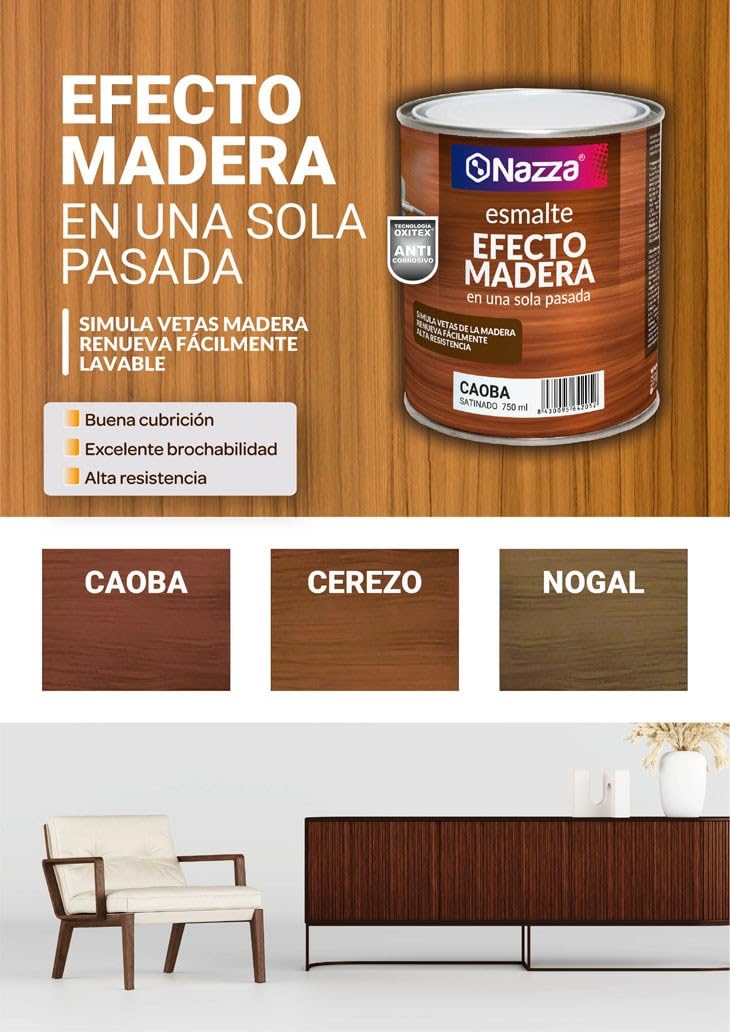 Nazza Pintura Efecto Madera para superficies metálicas, minerales o de madera - Simula las vetas naturales en una sola pasada - Disponible en Nogal, Cerezo y Caoba - Formato 750ml (Cerezo) — view 2
