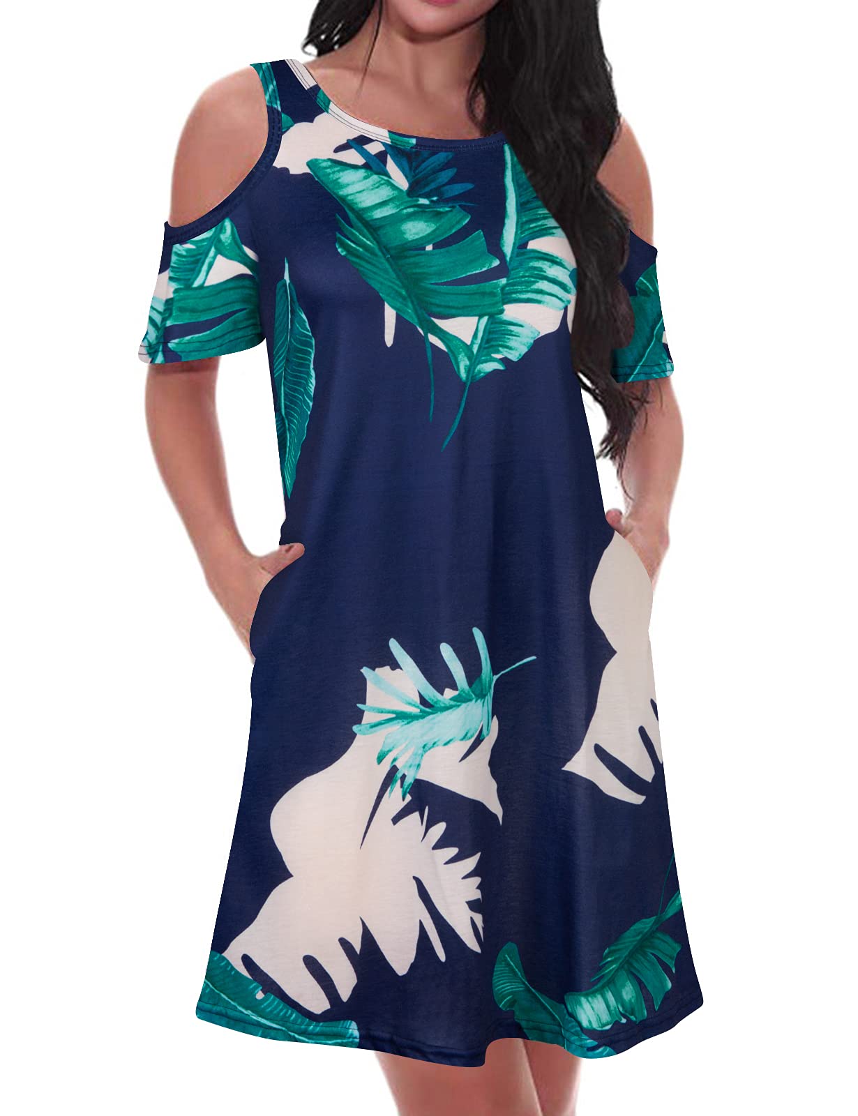 Tanst SkyWomen Cold Shoulder Dress Floral Printed Short Sleeve Sundress with Pocket