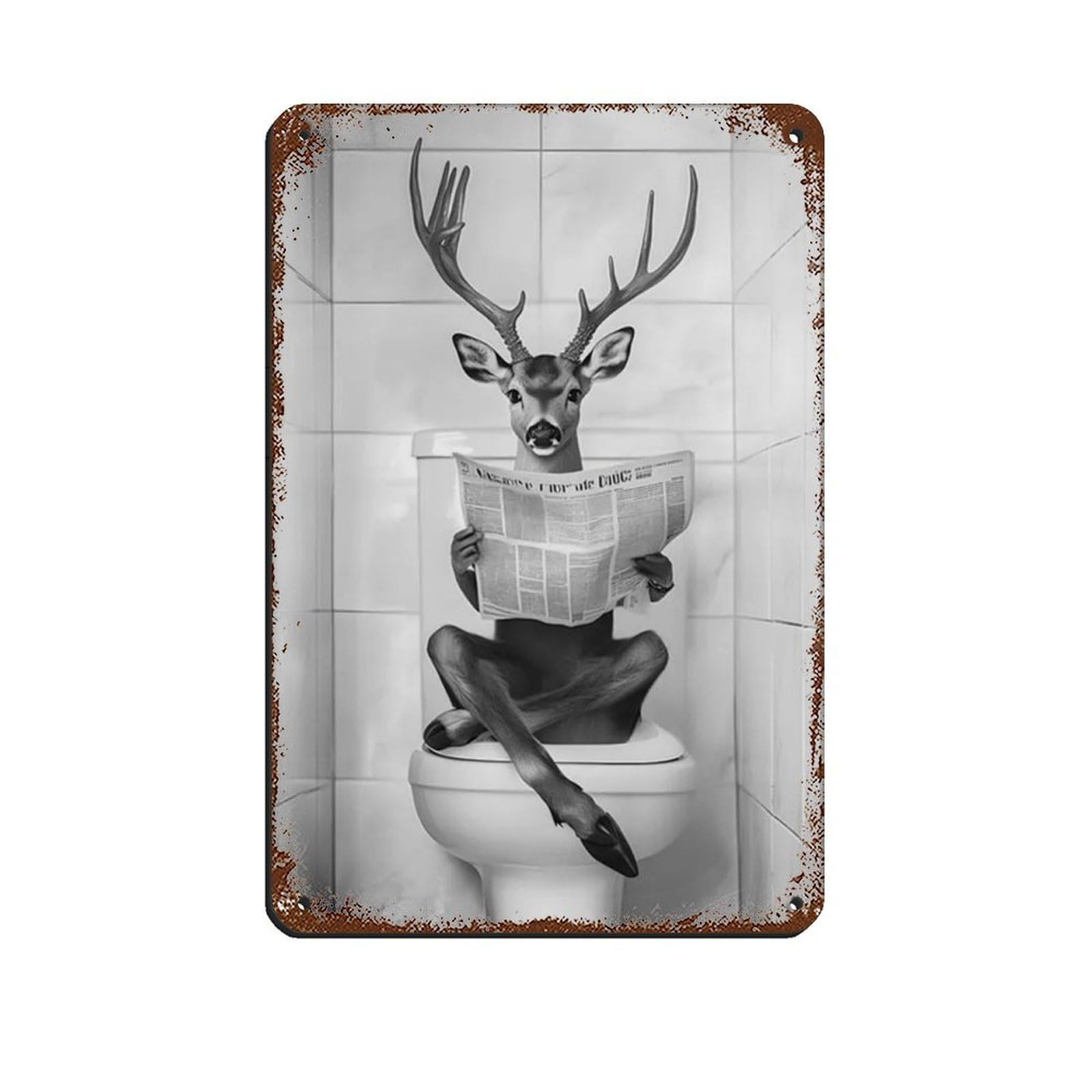 Lxwnze 20L X 30W Cm Deer Sitting On The Toilet Reading A Newspaper Tin Sign Vintage Metal Pub Club Cafe Bar Home Wall Art Decoration Poster Retro 8X12inch(20X30cm)