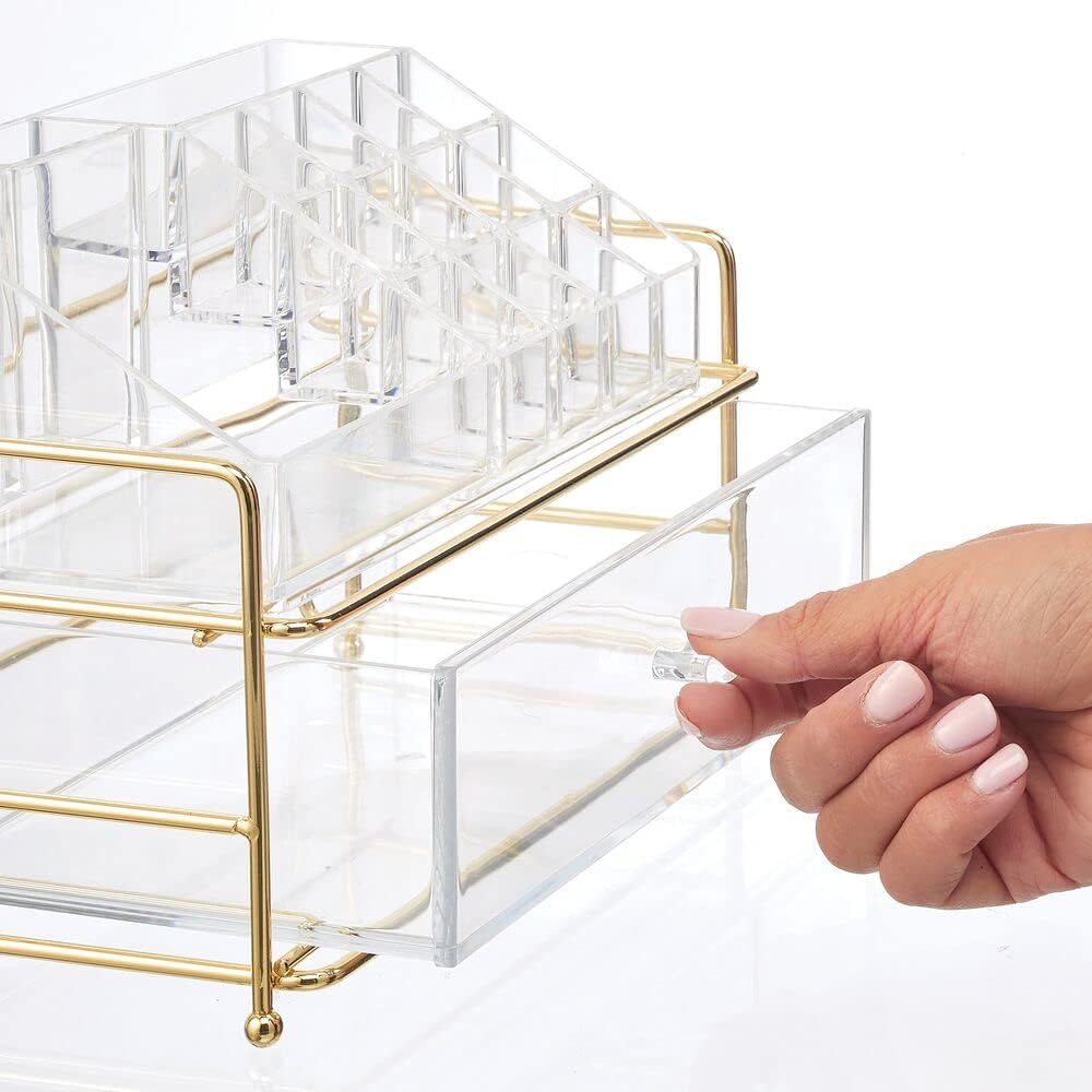 mDesign Plastic Cosmetic Organizer Storage Station Cube with 1 Drawer and 16 Divided Sections for Bathroom, Cabinet, Countertops - Holds Eye Shadow Palettes, Brushes, Blush, Mascara - Soft Brass/Clear