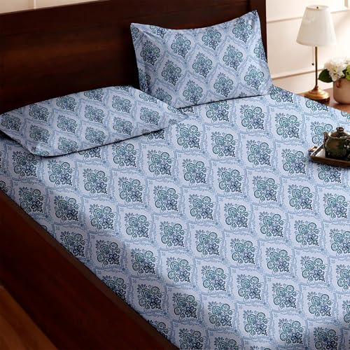 Image of Raymond Bedsheet 100% Cotton Feel Bedsheets 200 TC for Double Bed King Size (108 x108 Inch) with 2 Large Size Pillow Covers | Soft and Breathable | Wrinkle-Free | Premium Printed Design Royal Blue