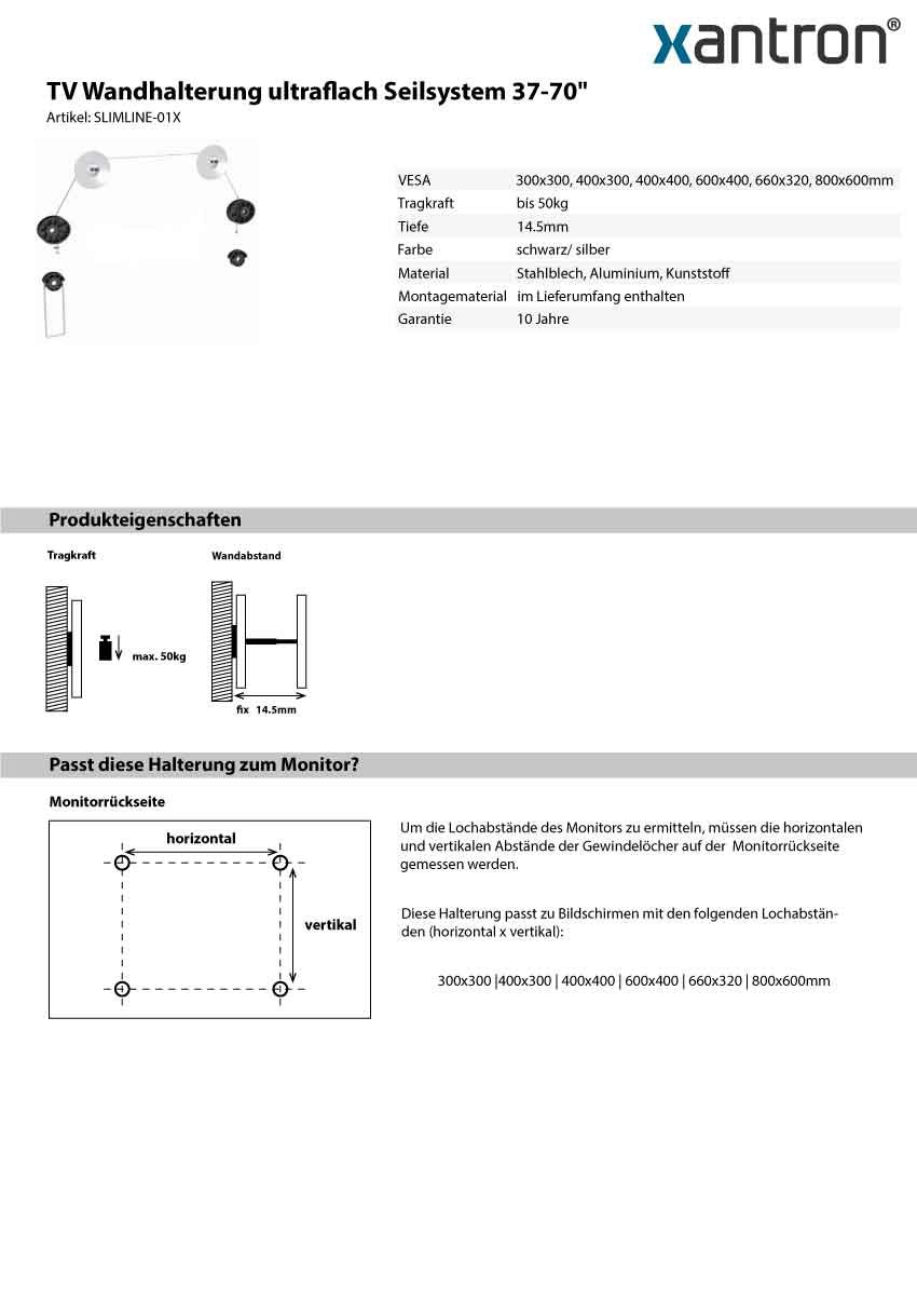 Xantron SLIMLINE-01X - Supporto da parete per monitor TV 37-70" fix, ultrasottile
